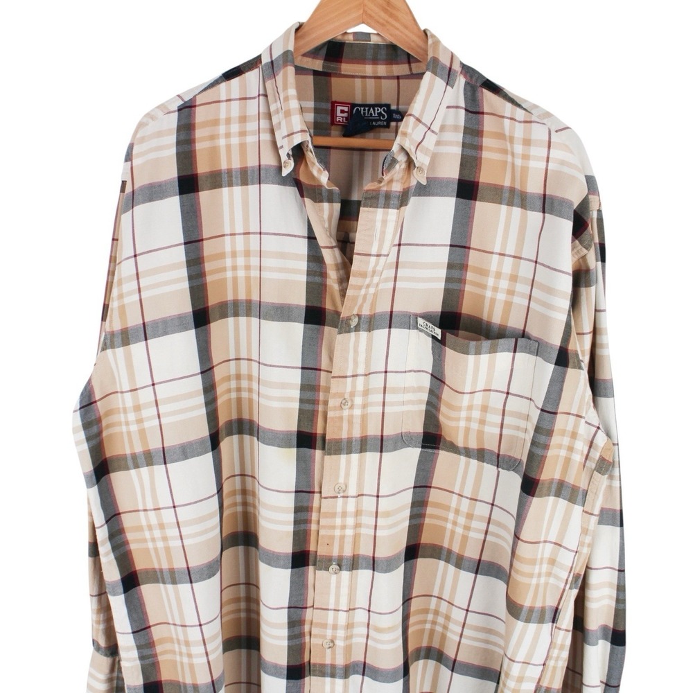 Vintage Chaps Ralph Lauren Plaid Button Up Shirt Beige XL Cotton Classic Fit - Picture 2 of 5